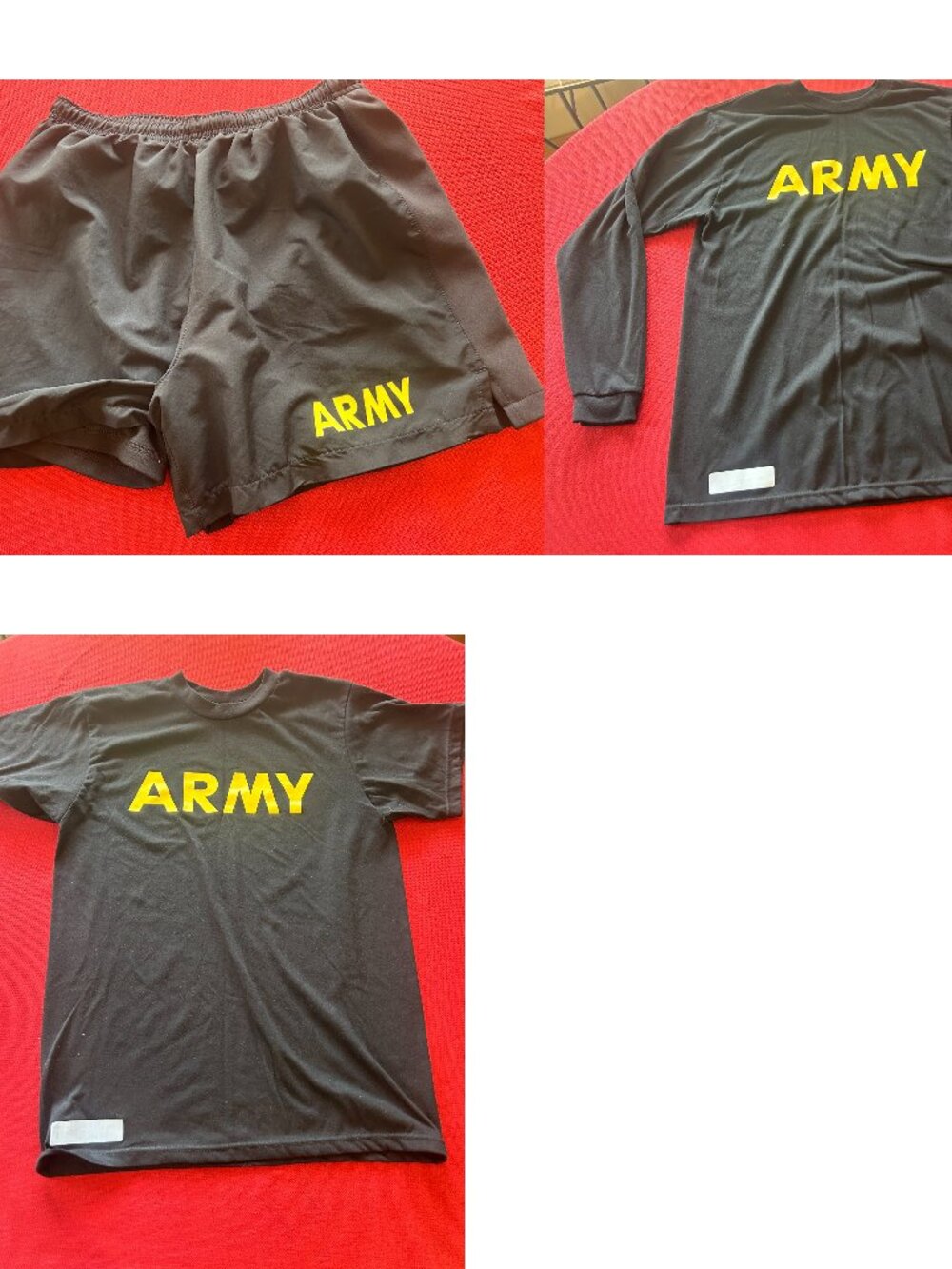 Army APFU Shorts, Long Sleeve, and Short Sleeve T-Shirts.